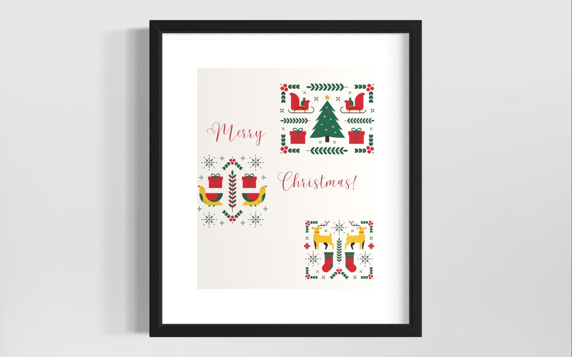 Merry Christmas Scandinavian Folk Art Tree Reindeer Holiday Poster