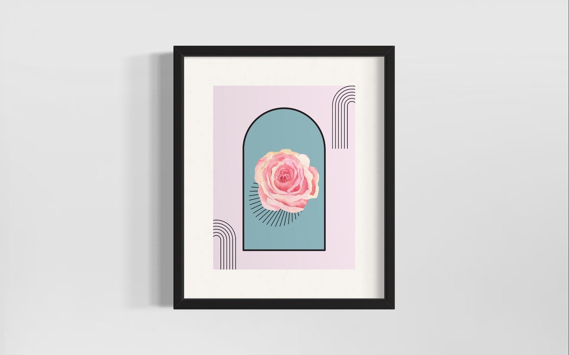 Boho Pink Rose Arch Botanical Floral Modern Geometric Style Poster