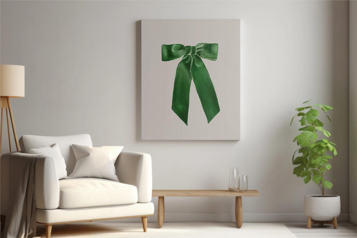 Emerald Green Satin Bow Ribbon Watercolor Chic Minimalist Art Poster - Image 2