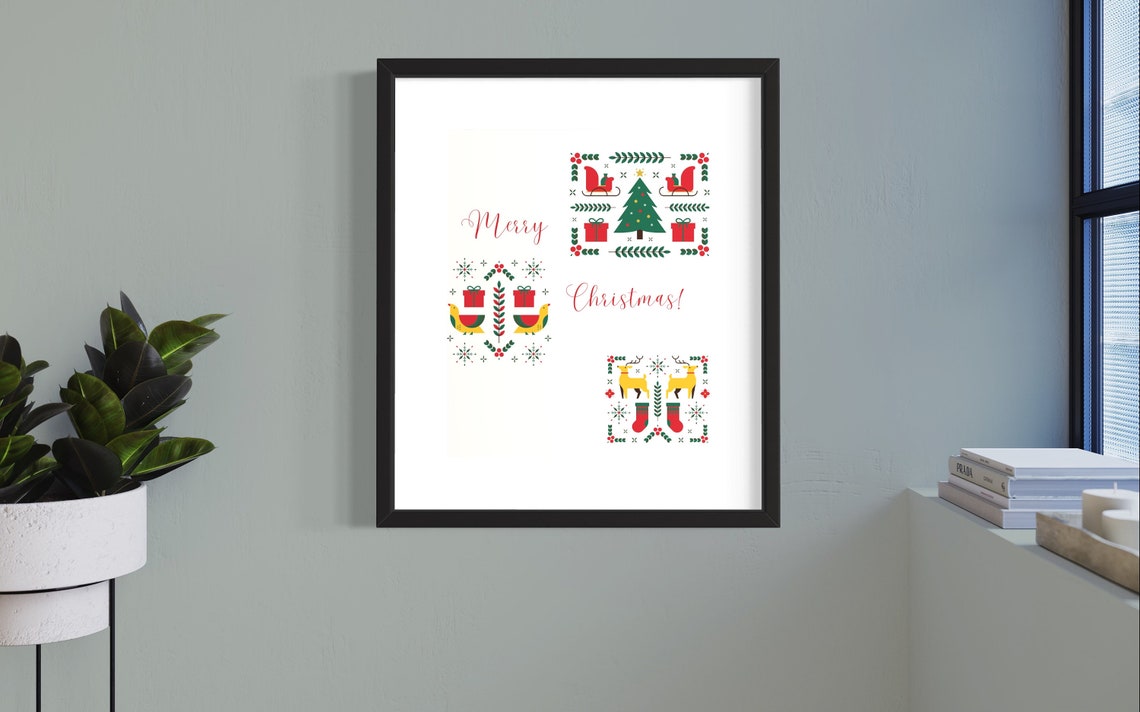 Merry Christmas Scandinavian Folk Art Tree Reindeer Holiday Poster - Image 3