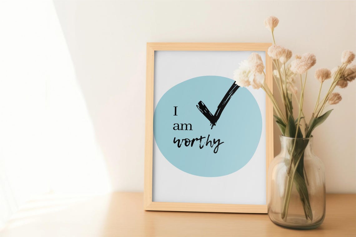 I Am Worthy Checkmark Quote Blue Circle Motivational Wall Poster - Image 2