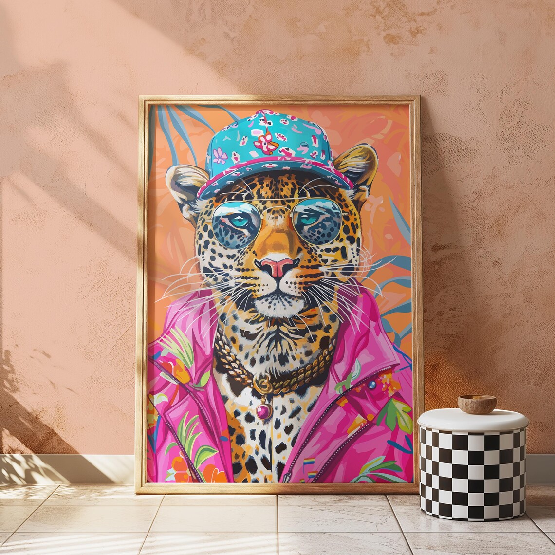 Leopard in Cap and Pink Jacket Round Glasses Trendy Funky Wall Art - Image 4