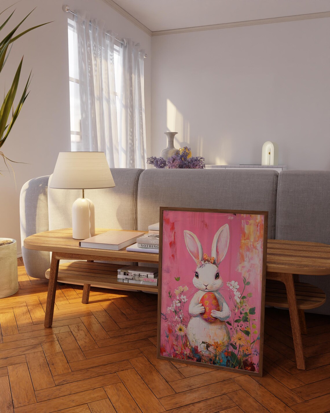 White Easter Bunny Holding Red Egg in Blossoming Field Poster - Image 3