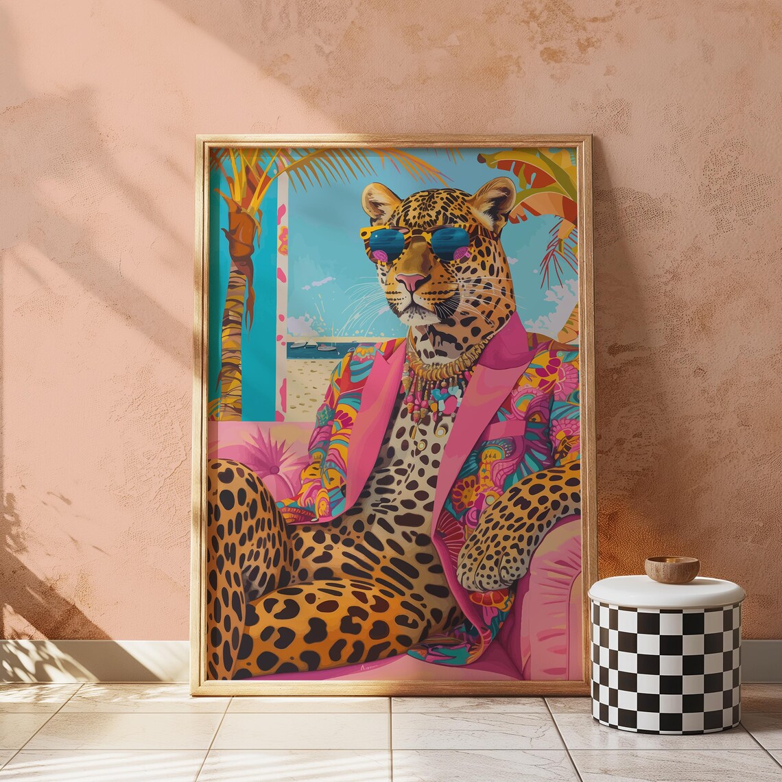 Leopard in Sunglasses Pink Blazer Fashionista Beach Maximalist Poster - Image 4