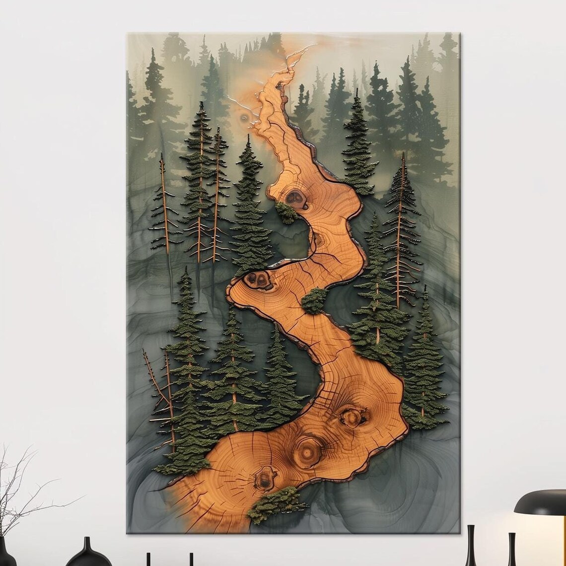 Rustic River Wood Art Print, Forest Stream Landscape