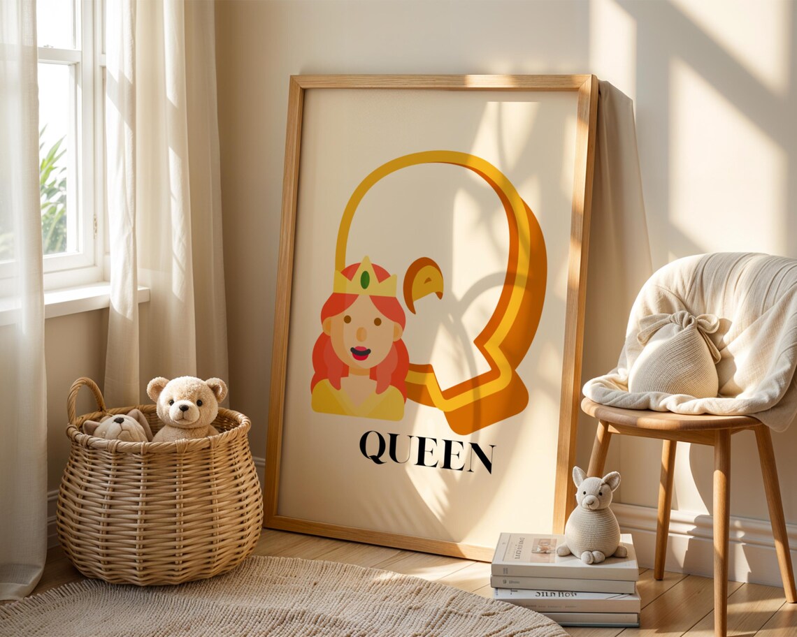 Letter Q Is For Queen Retro Alphabet Nursery Kids Room Wall Art