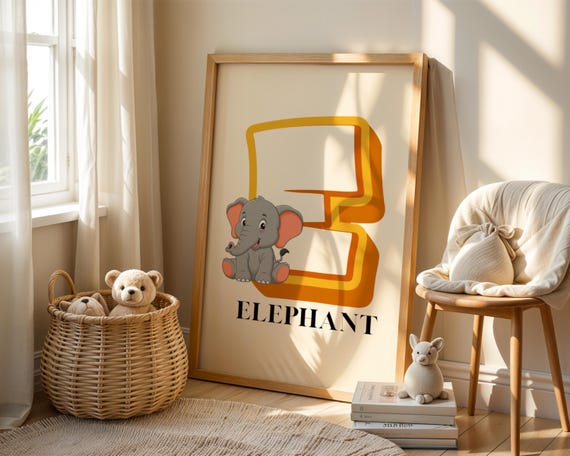 E Letter Nursery Elephant Alphabet Art Poster Whimsical Kids Wall Decor Educational Vibrant Print For Preschoolers