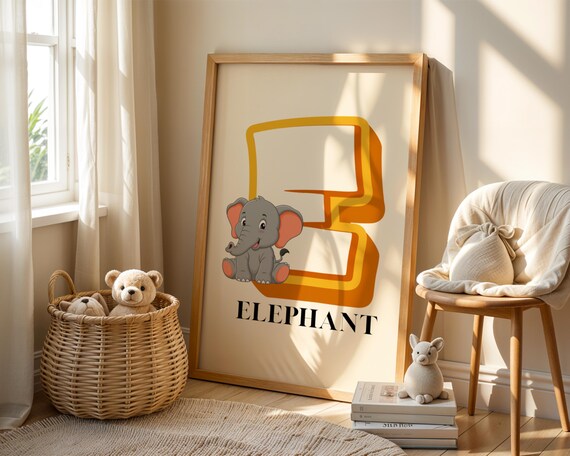 Letter E Elephant Alphabet Nursery Poster For Kids Room Decor