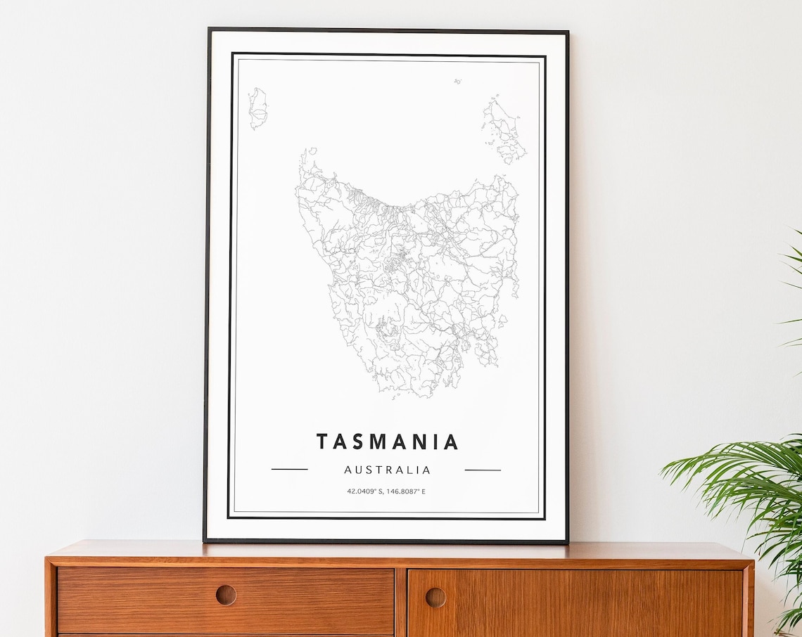 Tasmania Australia Island Map Outline Minimal Line Art Travel Poster