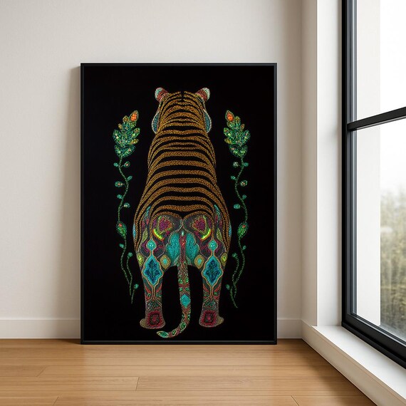 Colourful Embroidered Animal Wall Art Boho Illustration Print Vibrant Textile Style Home Decor