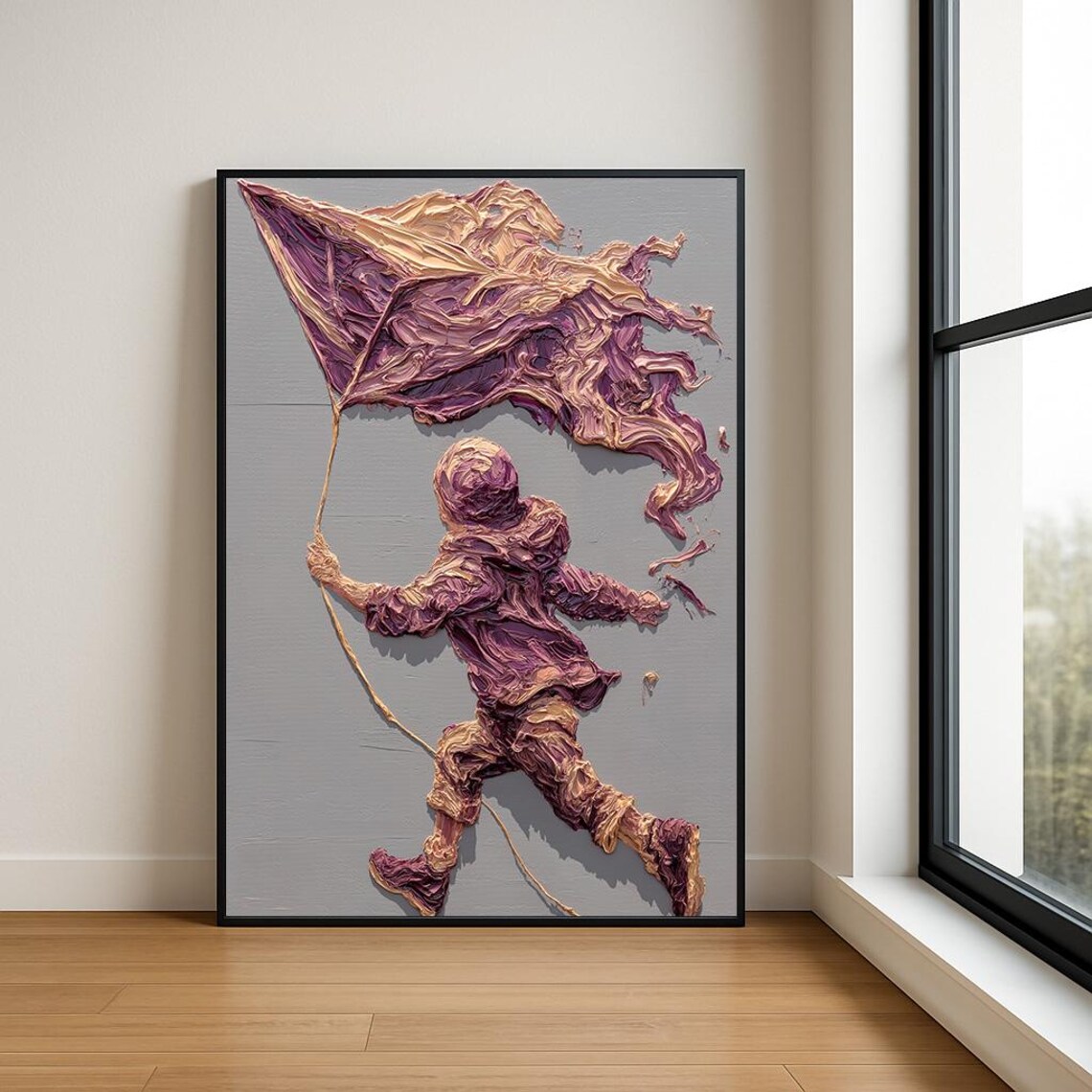 Boy Flying Mauve Kite Textured Impasto Oil Painting Kids Poster