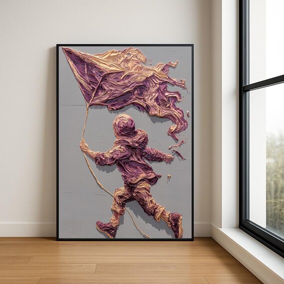 Boy Flying Mauve Kite Textured Impasto Oil Painting Kids Poster