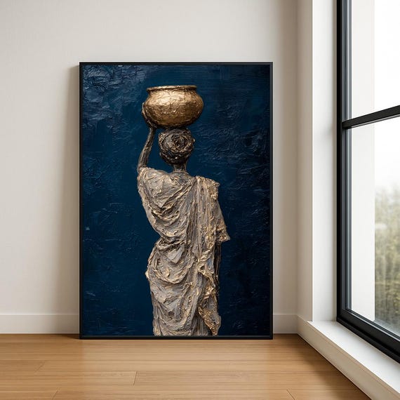 Traditional South Asian Woman Wall Oil Painting Luxury Textured Village Lady Decor