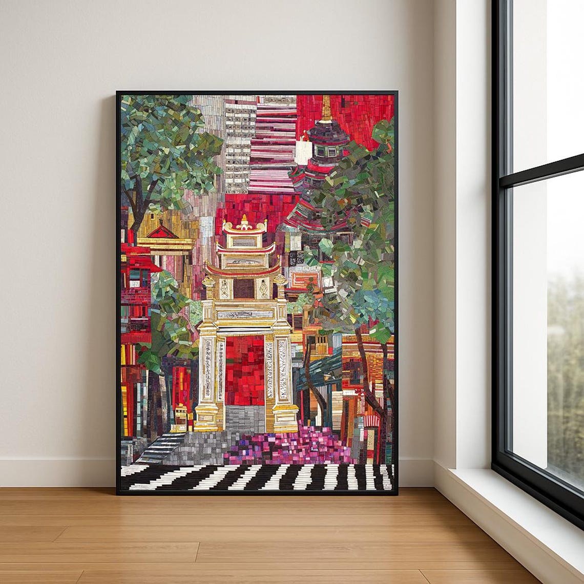 Paper Cut Collage Asian Temple Gate Street Scene Framed Poster