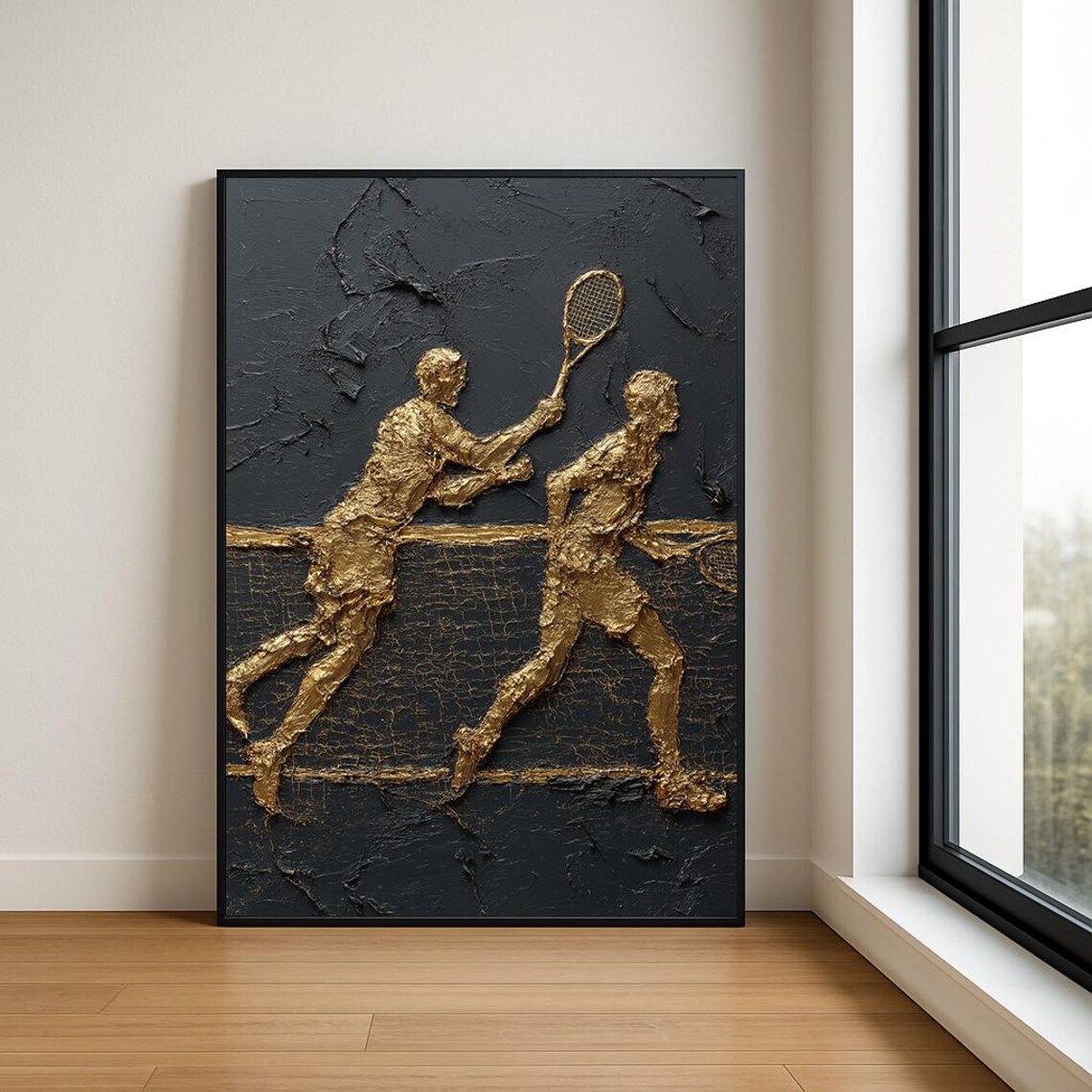 Gold Tennis Players Textured Impasto Black Modern Sports Poster