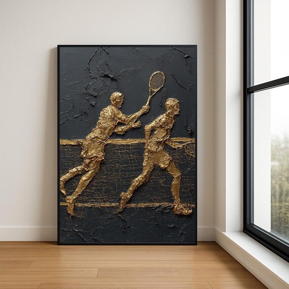 Gold Tennis Players Textured Impasto Black Modern Sports Poster