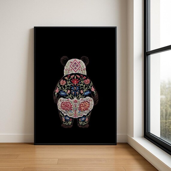 Colourful Embroidered Animal Wall Art Boho Illustration Print Vibrant Textile Style Home Decor