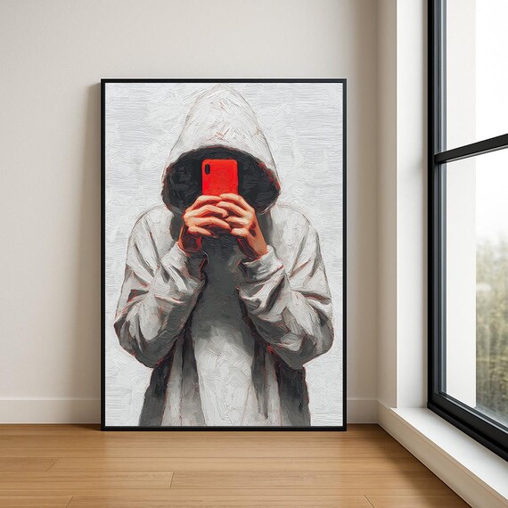 Hoodie Selfie Wall Art Print Modern Textured Oil Painting