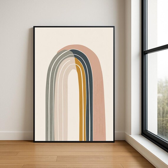 Japandi Rainbow Arch Abstract Blush Navy Mustard Minimalist Poster