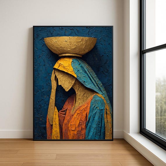 Traditional South Asian Woman Wall Oil Painting Luxury Textured Village Lady Decor