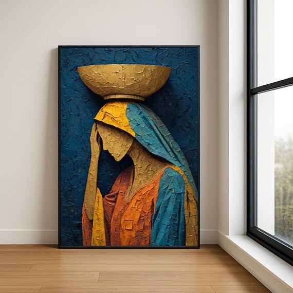 Woman In Profile Blue Ochre Textured Impasto Oil Painting Poster