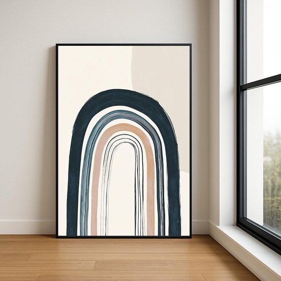 Japandi Rainbow Arch Abstract Navy Tan Painted Arches Minimal Poster