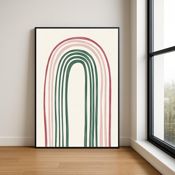 Red Pink and Green Line Arch Poster in Japandi Minimalist Style