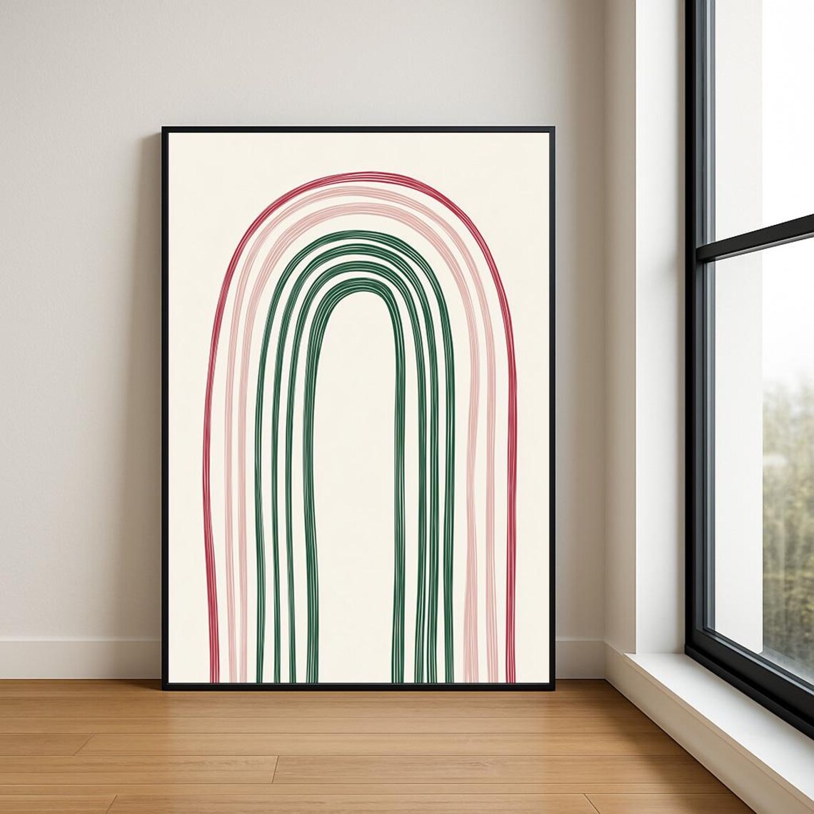 Red Pink and Green Line Arch Poster in Japandi Minimalist Style