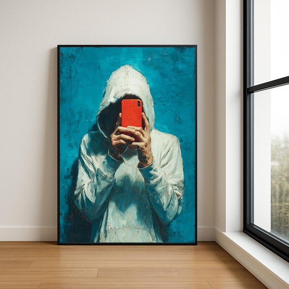 Hoodie Selfie Wall Art Print Modern Textured Oil Painting