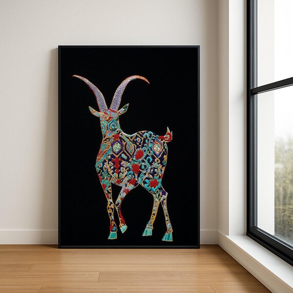 Colourful Embroidered Animal Wall Art Boho Illustration Print Vibrant Textile Style Home Decor