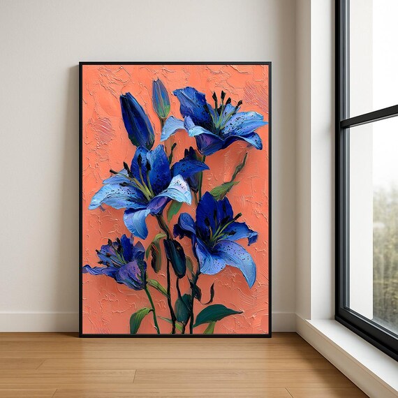Blue Speckled Lilies Peach Canvas Textured Floral Oil Poster