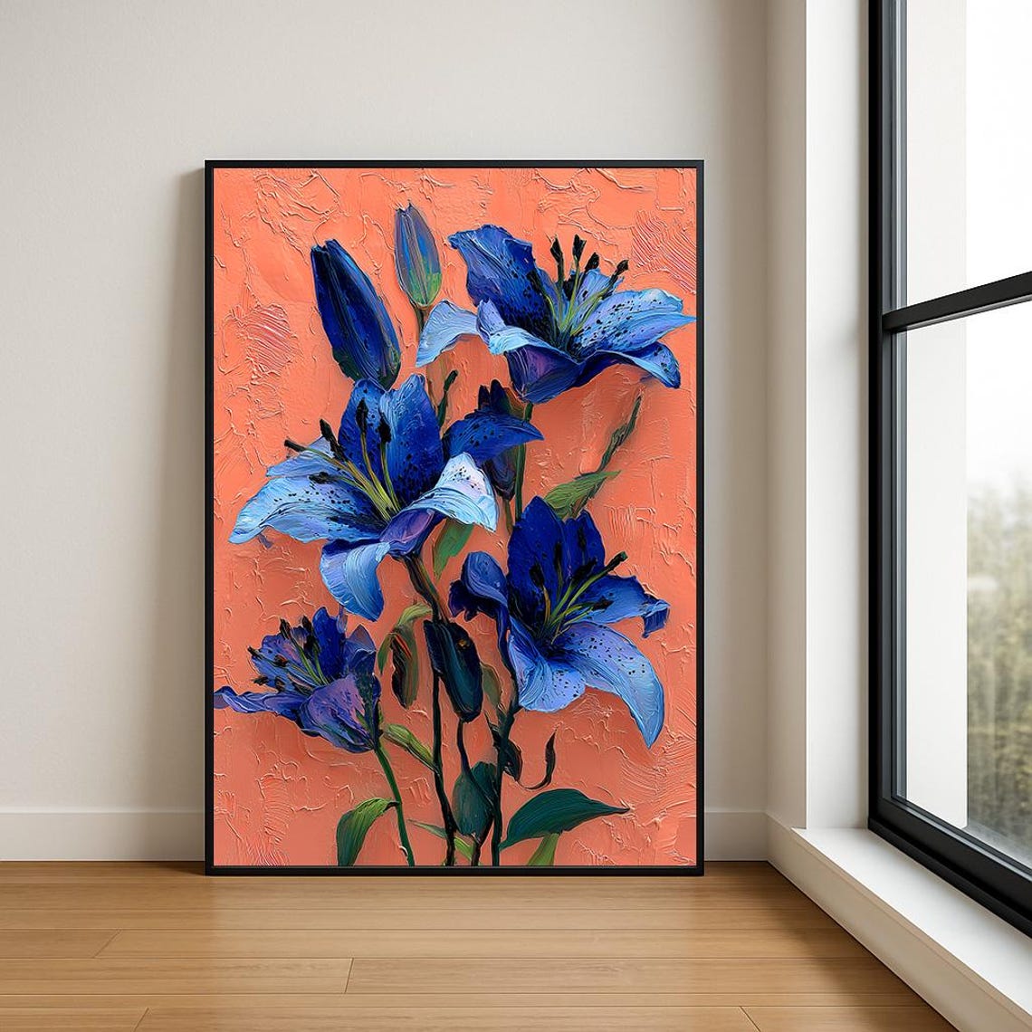 Blue Speckled Lilies Peach Canvas Textured Floral Oil Poster