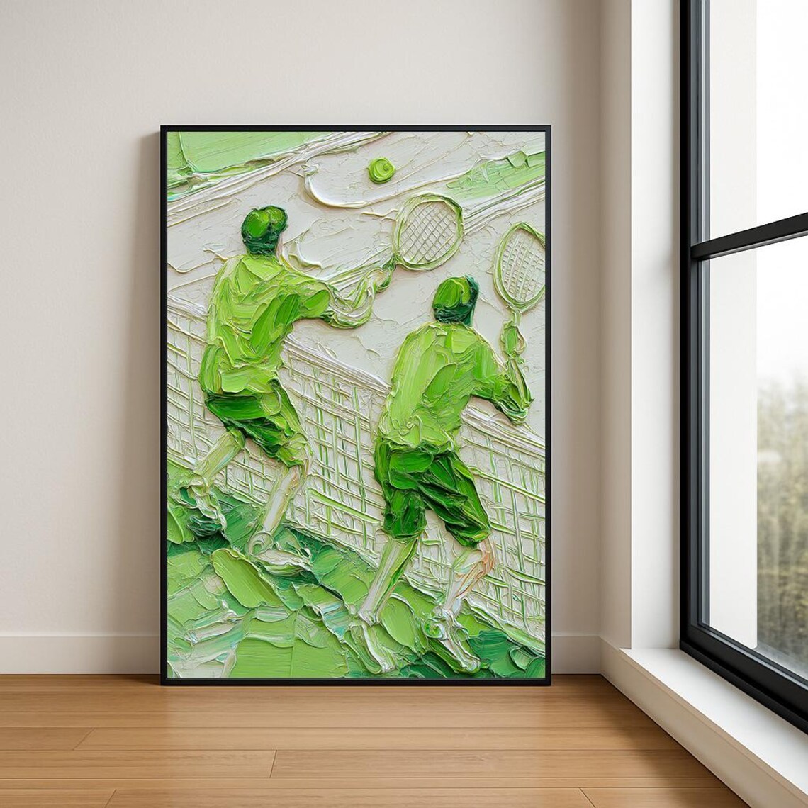 Green Tennis Doubles Players Net Rally Impasto Sports Poster