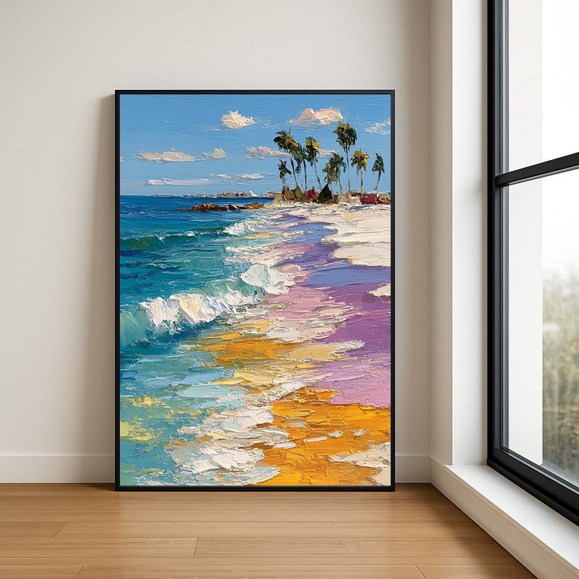 Palm Lined Beach Colorful Rolling Waves Impasto Oil Painting Poster