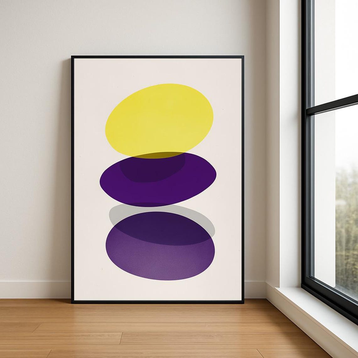 Minimalist Yellow Circle Purple Ovals Modern Abstract Art Poster