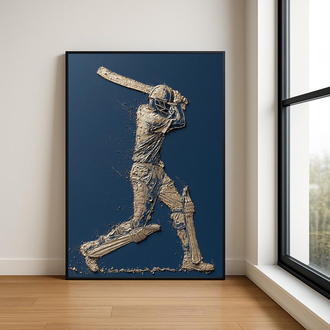 Silver Cricket Batsman Mid Swing Impasto Oil Painting Sports Poster
