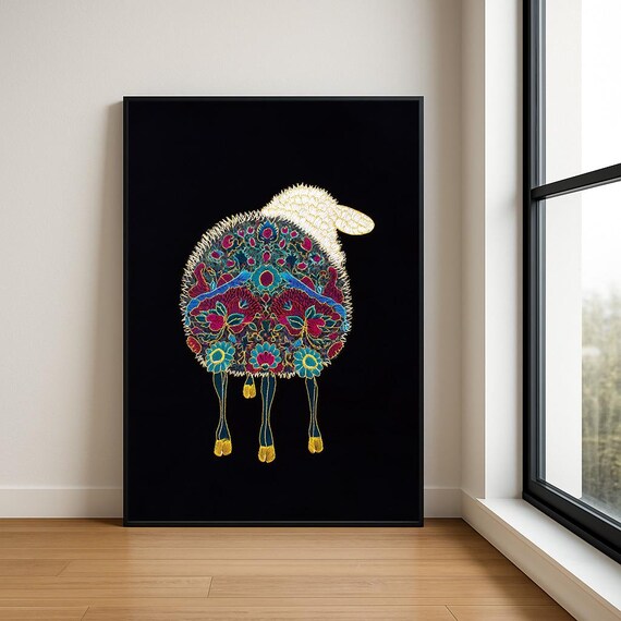 Colourful Embroidered Animal Wall Art Boho Illustration Print Vibrant Textile Style Home Decor