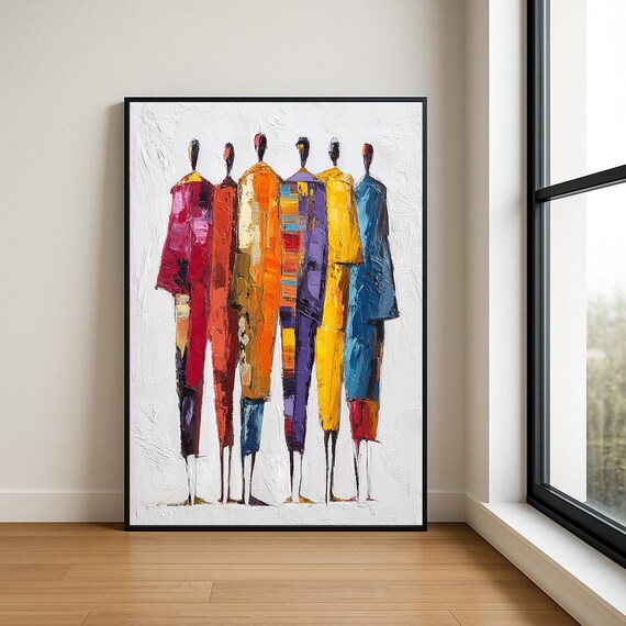 Abstract African Figures Colorful White Backdrop Textured Poster