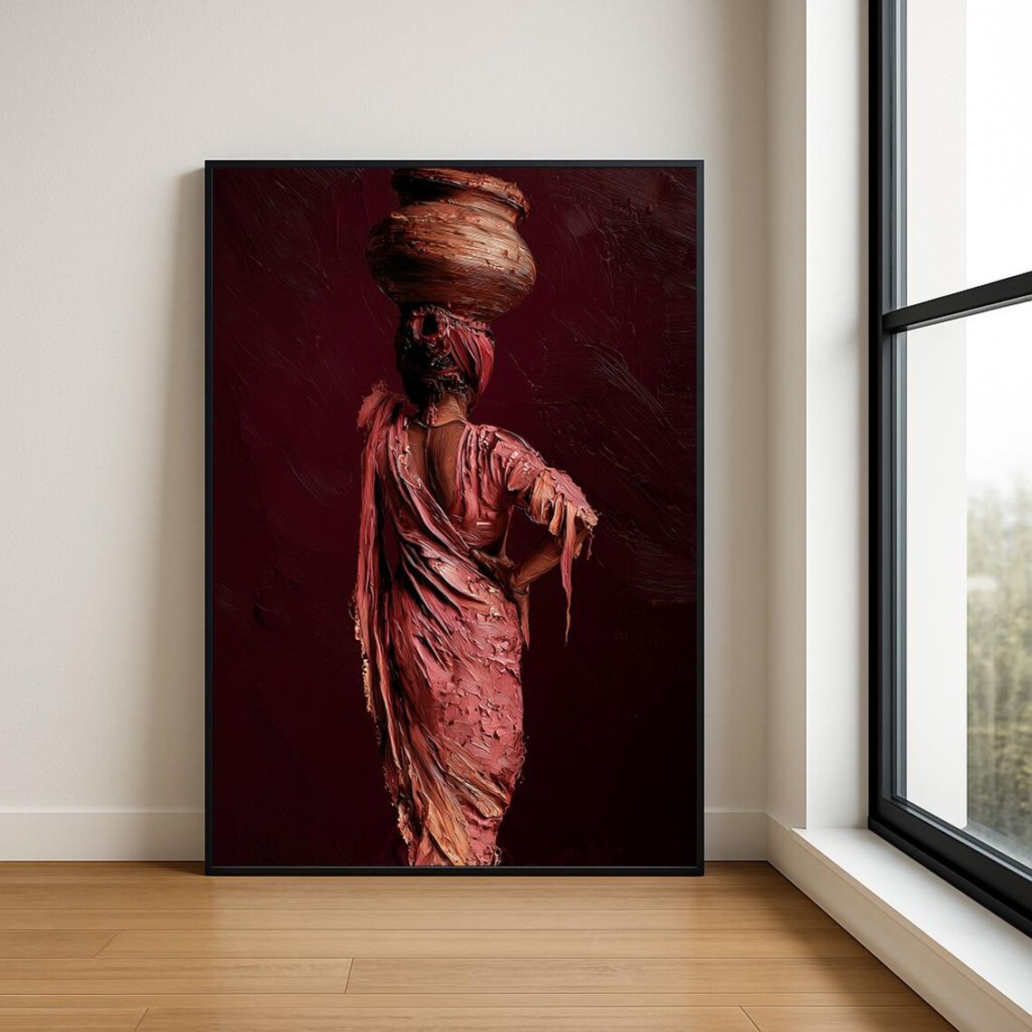 Woman Carrying Clay Pot Rose Pink Textured Oil Painting Poster