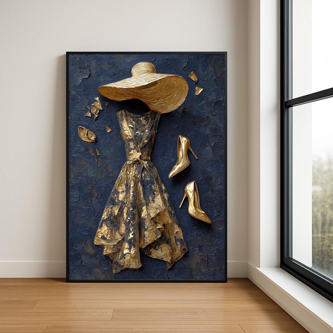 Navy Blue Gold Lady Dress Sunhat Heels Textured Oil Wall Art