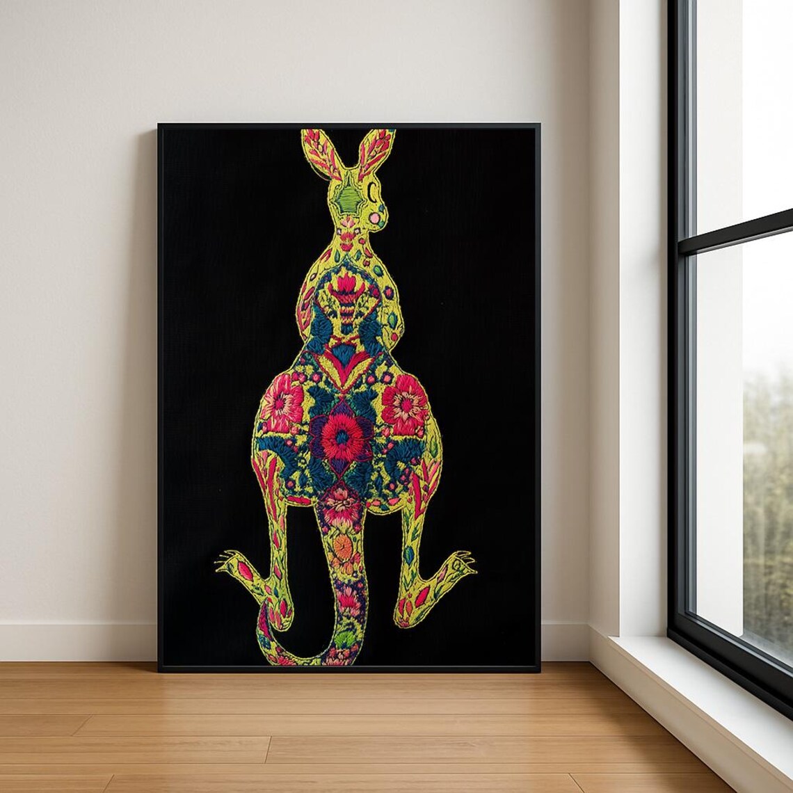 Colorful Embroidered Kangaroo Floral Folk Art Boho Animal Poster