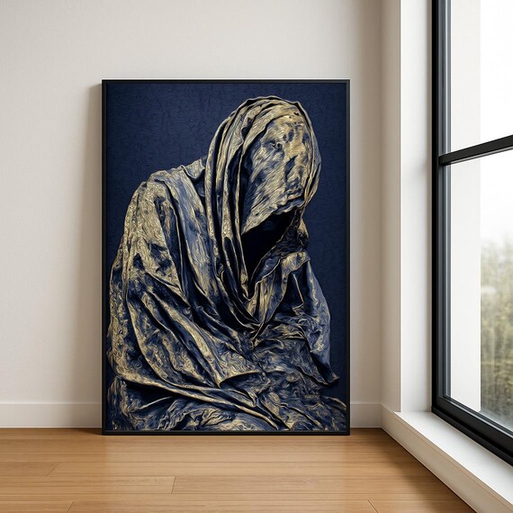 Navy Blue Gold Hooded Figure Textured Impasto Dramatic Poster