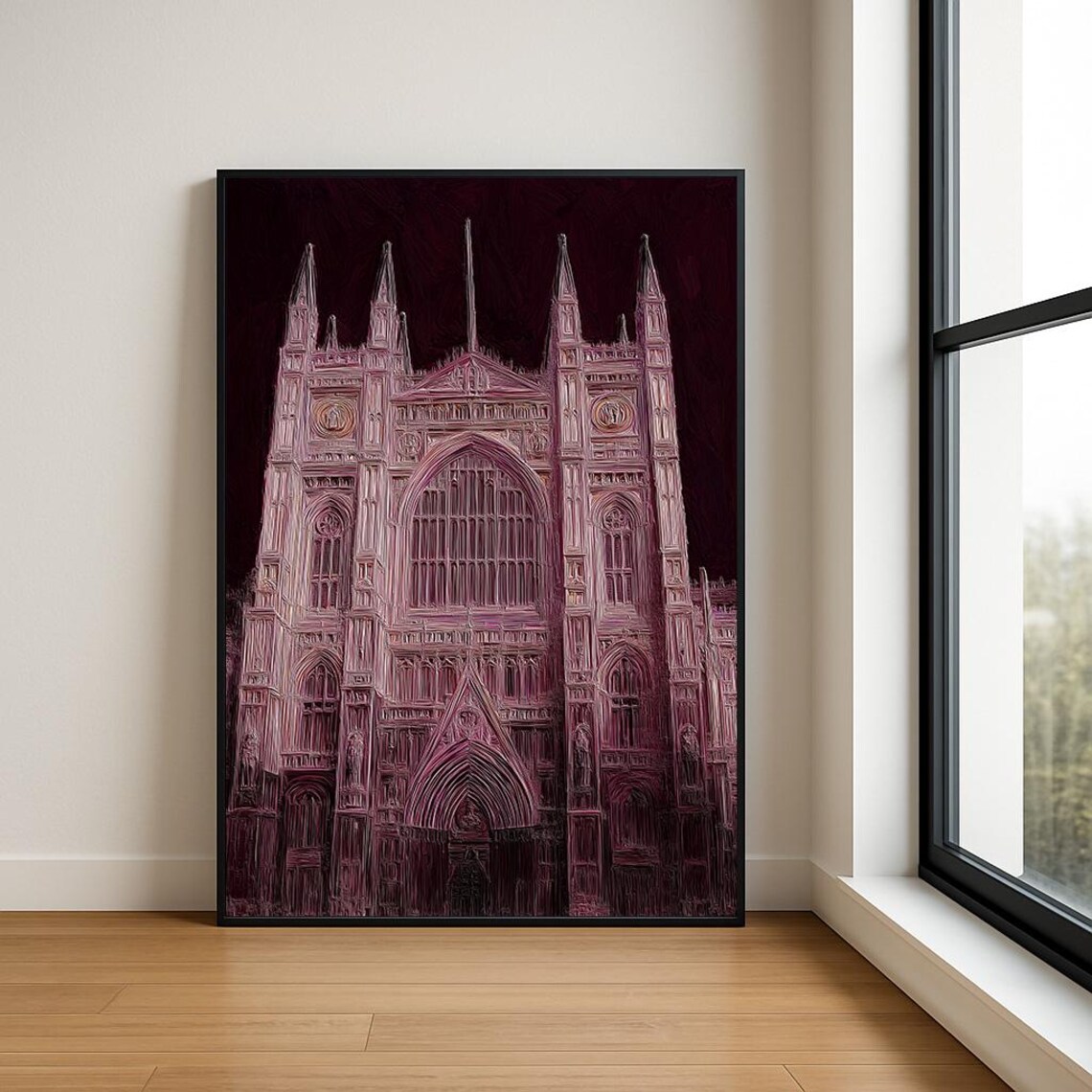 Westminster Abbey Purple Night Gothic Facade Line Art Poster