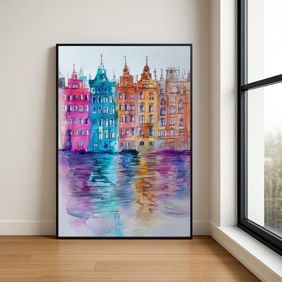 Colorful Canal Houses Reflection Waterfront Gabled Watercolor Poster