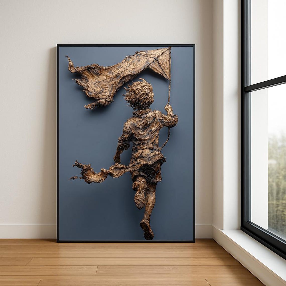 Sculpted Bronze Boy Flying Kite Navy Background Relief Wall Art