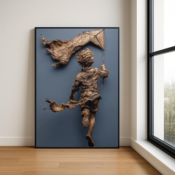 Sculpted Bronze Boy Flying Kite Navy Background Relief Wall Art