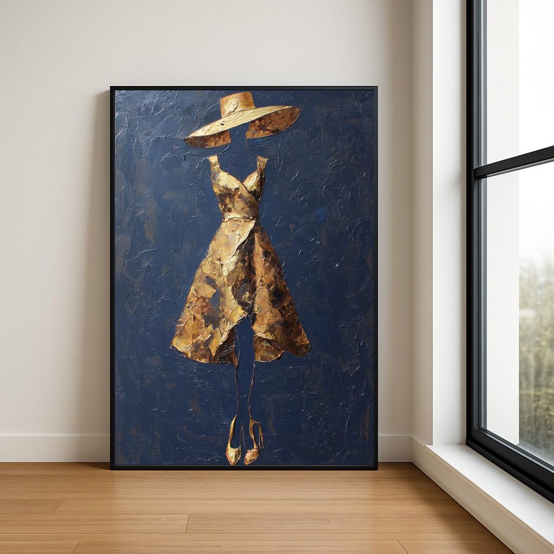 Golden Lady Navy Ground Fashion Gown Wide Hat Elegant Wall Poster