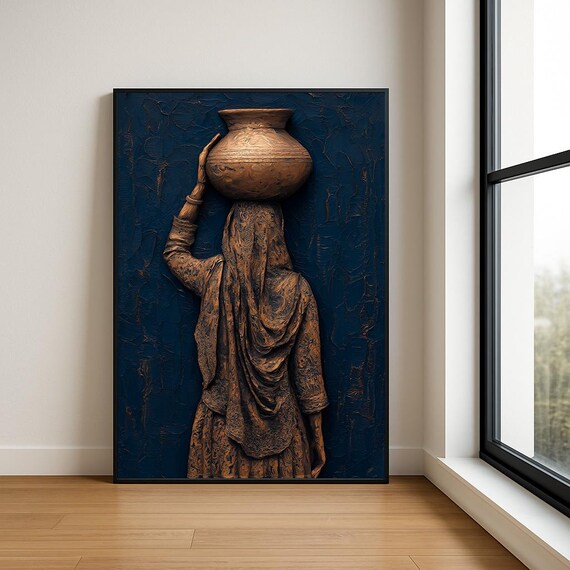 Woman Balancing Bronze Pot Deep Blue Textured Oil Painting Poster