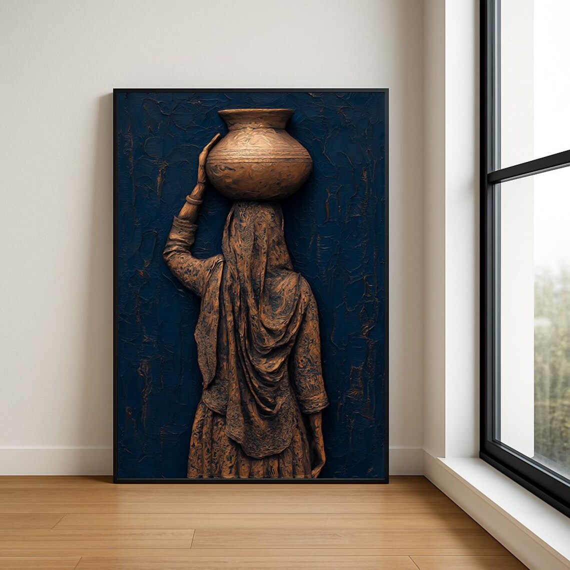 Woman Balancing Bronze Pot Deep Blue Textured Oil Painting Poster