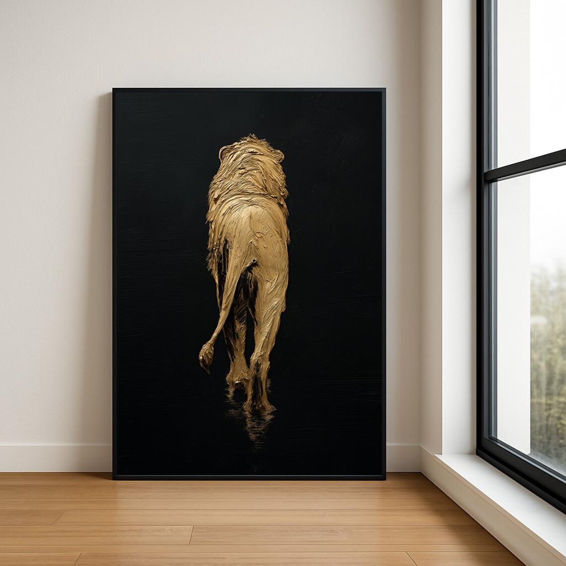 Golden Lion Walking Away Black Background Textured Impasto Wall Art